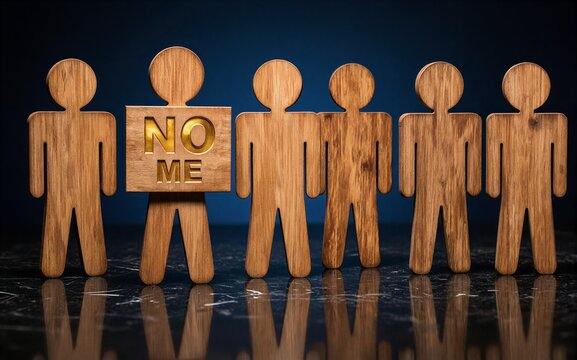 Wooden figures one holding "NO ME" sign symbolizing exclusion or