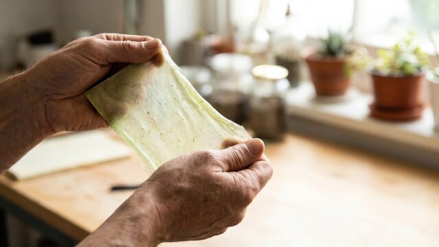Hands Stretching Transparent Green Biodegradable Algae Bio Plastic Sheet