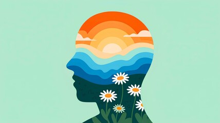 Naklejka premium Tranquil Inner World Human Mind Filled with Peaceful Nature, Sunset, and Flowers