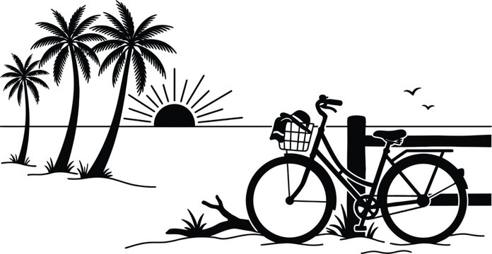 Beach scene with bicycle and palm trees silhouette