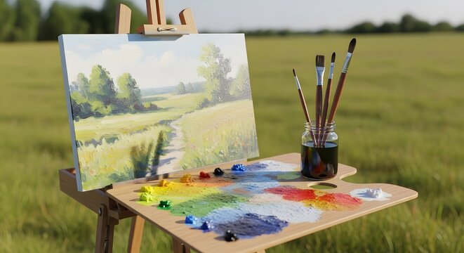 En Plein Air Painting Setup with Landscape Scene