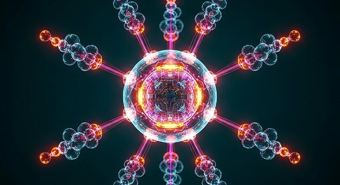 Molecular nanotechnology structure glows with vibrant neon energy in a dark space. Sharp focus highlights the intricate crystalline lattice. Ideal for pharmaceutical and biotech marketing.