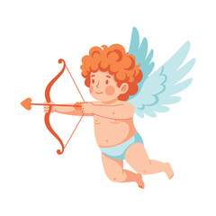 Obraz premium Cute curly haired cupid aiming with a bow and heart arrow