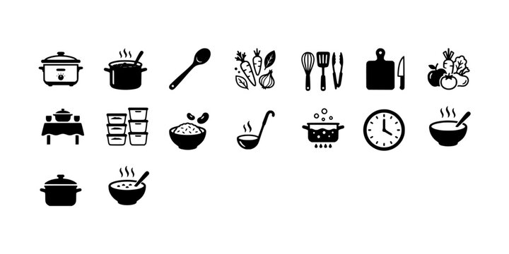 Icon set collection of cooking utensils and meal preparation icons featuring slow cookers, fresh ingredients, kitchen tools, and healthy soup.