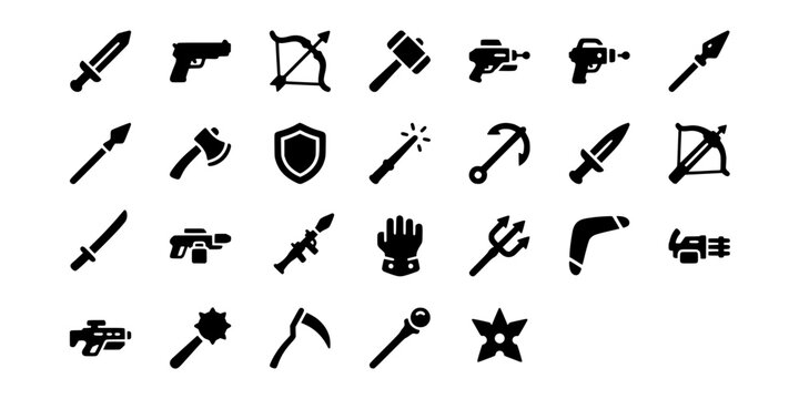 Icon set collection of diverse combat weapons ranging from medieval swords and axes to modern pistols, sci-fi blasters, and tactical gear.
