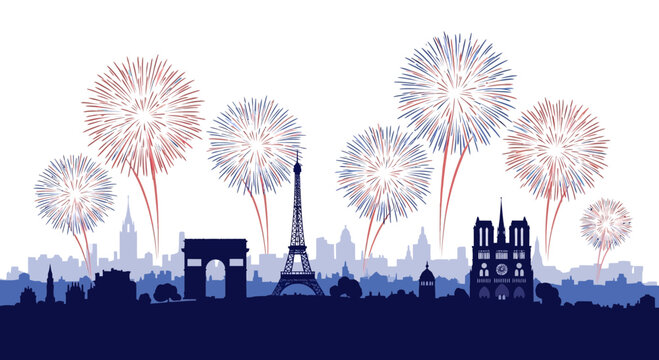 Paris Skyline Silhouette with Fireworks: Eiffel Tower, Arc de Triomphe, Notre Dame