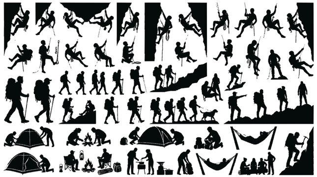 Silhouettes of hikers climbers campers and adventurers performing various outdoor activities in dynamic poses