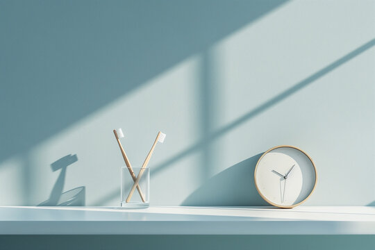 Minimalist interior still life featuring a bamboo toothbrush in a transparent glass beside a modern wall clock on a clean shelf. 