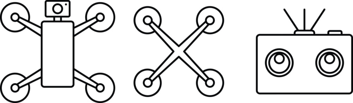 Black drone and remote control flat vector illustration showing quadcopter aerial vehicle, rotors, camera system and technology equipment icons for design