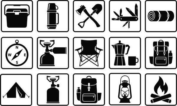 Camping and outdoor adventure icons flat vector illustration featuring tent, backpack, lantern, campfire, sleeping bag, compass and portable gear symbols