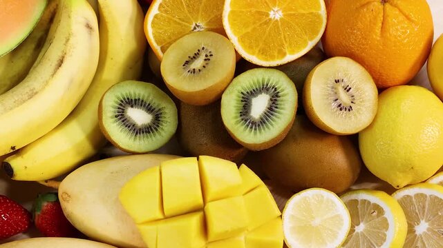Fresh colorful assorted tropical fruits display for healthy eating and natural food preparation.