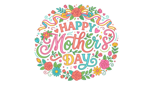 Floral wreath with 'Happy Mother's Day' text in colorful, whimsical lettering on a white background.