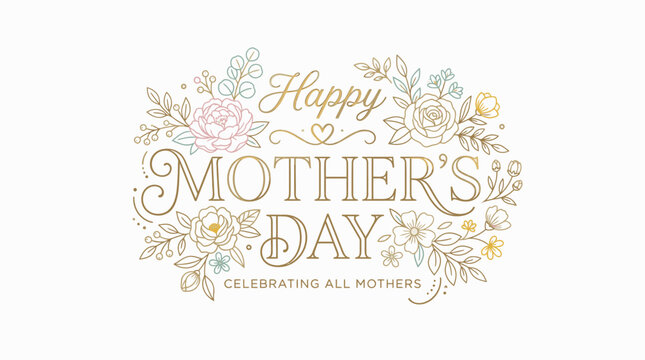 Golden text graphic reading 'Happy Mother's Day Celebrating All Mothers' surrounded by colorful floral illustrations on a white background with elegant script and serif fonts.