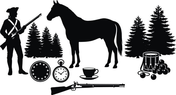 Historical military icons flat vector illustration featuring soldier, horse, rifle, drum, pocket watch, teacup, pine trees and star emblem symbols
