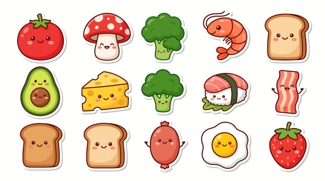 Kawaii Food Ingredients Sticker Set, Cute Chibi Food Characters with Smile Faces, Isolated Vector Illustration.