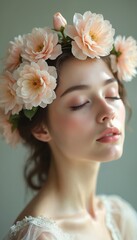 Naklejka premium Young woman wears floral crown of peach blossoms and white lace dress. She has closed eyes, soft makeup. Tranquil serene beauty, natural elegance. Gentle peaceful mood.