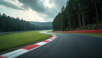 Fototapeta premium Race track bend with motion blur effect. Asphalt road winds through green forest. Red and white barriers line the circuit on a cloudy day. High speed driving.