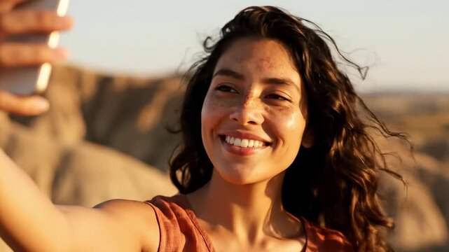 Latino selfie girl with windblown curls in desert canyon sunlight, freckled face, rust sleeveless top, joyful travel portrait with golden outdoor adventure mood and open rocky landscape vista