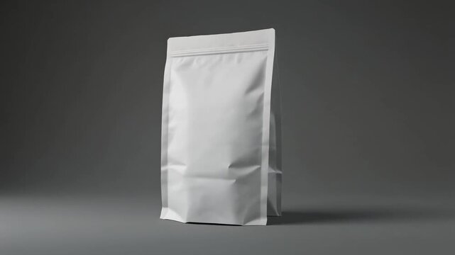 A plain white stand-up pouch with a zipper seal, isolated on a dark grey background, ready for product branding.