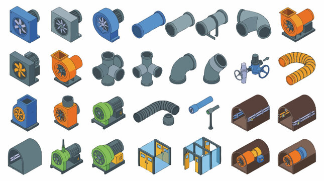 Collection of various industrial pipe fittings and valves in isometric view.