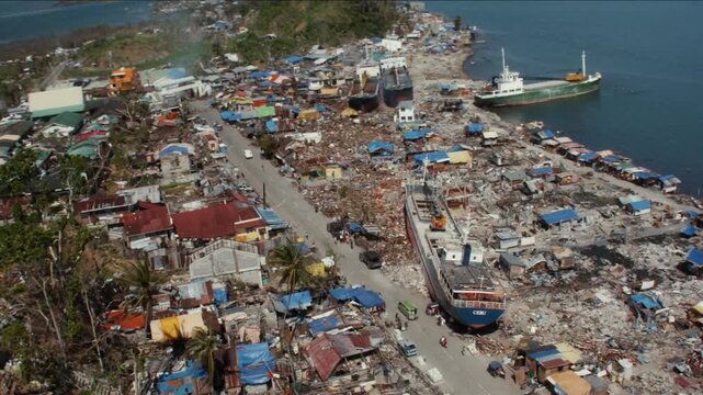 Aerial view of widespread destruction and ships washed ashore after Super Typhoon Haiyan in Tacloban
