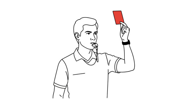 Soccer referee shows red card and blows whistle, disciplinary action in sports