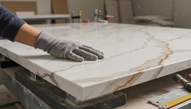 Worker Handling Large Ceramic Slab in Stone Manufacturing Factory