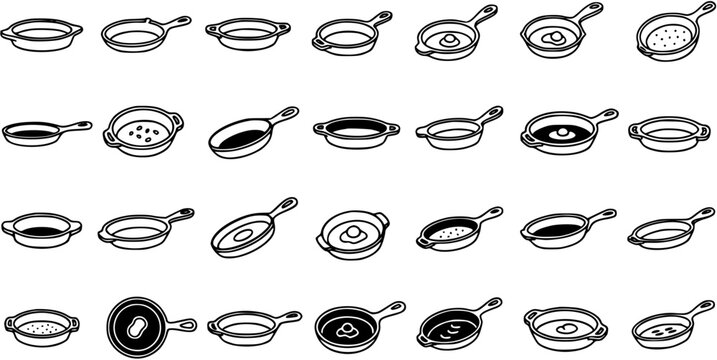 Black and White Line Art Collection of Various Pans and Skillets, Food Preparation and Cooking Concept