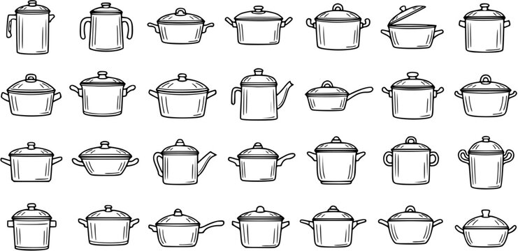 Hand-drawn Black and White Line Art Sketch Collection of Diverse Kitchen Cookware, Including Pots, Pans, and Kettles for Home Cooking