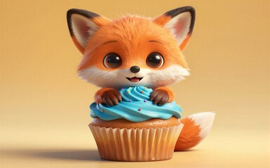 Fototapeta premium Adorable fox peeking out of a blue-frosted cupcake with colorful