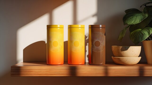 Three colorful reusable tumblers on a wooden shelf with natural light.