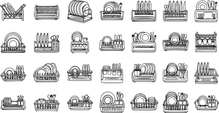 Black and White Line Art Collection of Various Dish Drying Racks and Plate Stands