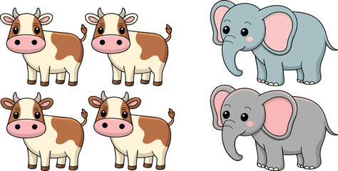 Fototapeta premium Kawaii Cow and Elephant Icon Set with Adorable Expressions for Animal, Nature, and Cute Character Designs