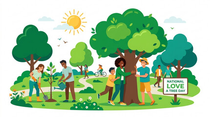 Obraz premium Diverse people planting trees in a park on national love a tree day promoting environmental conservation and community green initiatives
