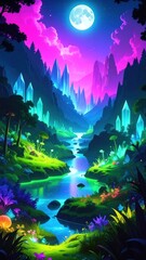Obraz premium Vibrant landscape features a luminescent moon over a crystal-filled valley and flowing river
