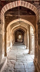 Fototapeta premium Long corridor of arched doorways and walkways, leading to a window at the end