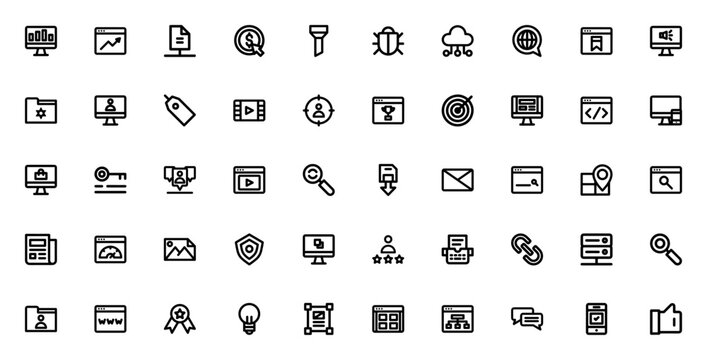 SEO and online marketing icon set. Minimal vector icons pack. Includes analytics, browser, networking, pay per click, funnel, cloud computing, translation, ranking, keywords and more. Editable stroke.