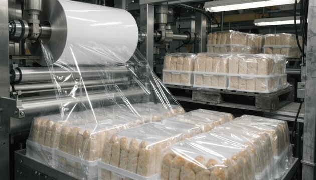 Medium shot capturing a wraparound case packer wrapping product cases with protective packaging while connected to a synchronized palletizer streamlining packing and stacking