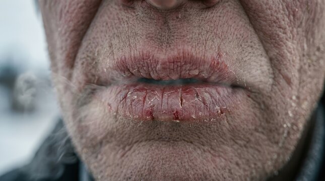 Elderly man with severely dry and cracked lips in cold winter