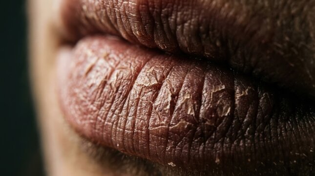 Extreme close up of severely dry chapped and cracked lips