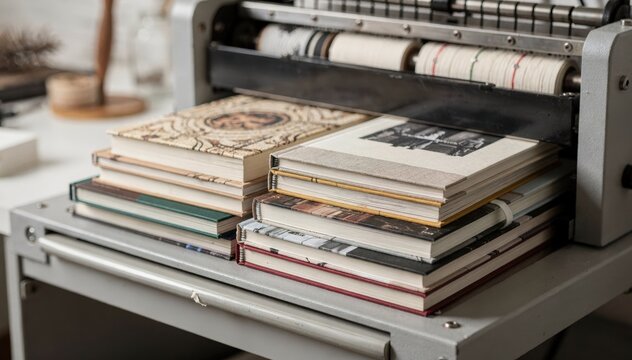 Closeup medium shot of a binding machine assembling shortrun blankbooks with unique cover designs emphasizing the artisanal quality and tailored finishing process.