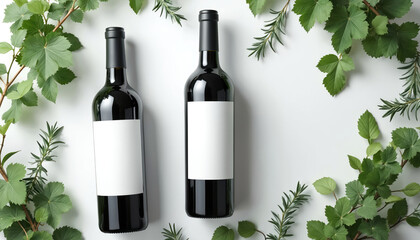 Naklejka premium Two bottles of dark wine with blank white labels sit on clean white surface. Green leaves, rosemary sprigs frame composition, suggesting natural organic origins. Ideal for mockup use beverage brands.