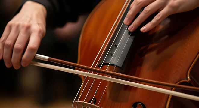 Close-up of a musician's hands playing a cello with a bow, focusing on the strings and fingerboard.