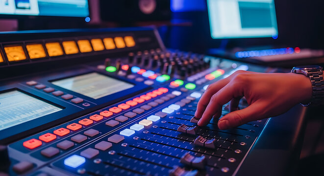 Close-up of a hand adjusting faders on a professional sound mixing console in a music recording studio with glowing lights.