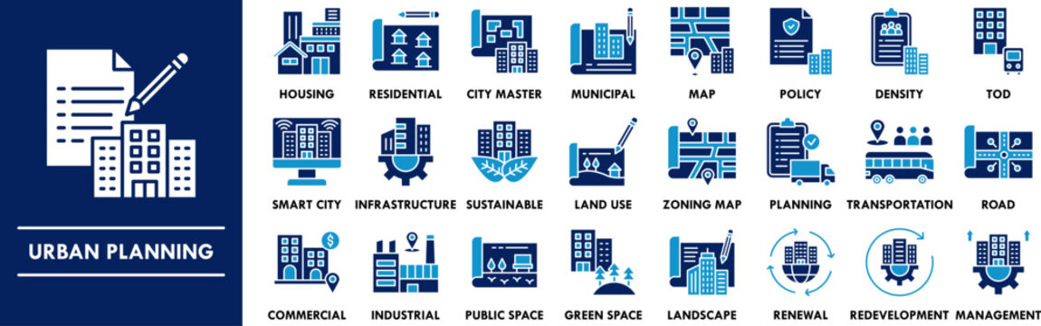 Urban Planning duotone icon collection set. Containing design city planning, smart city, urban development, city infrastructure