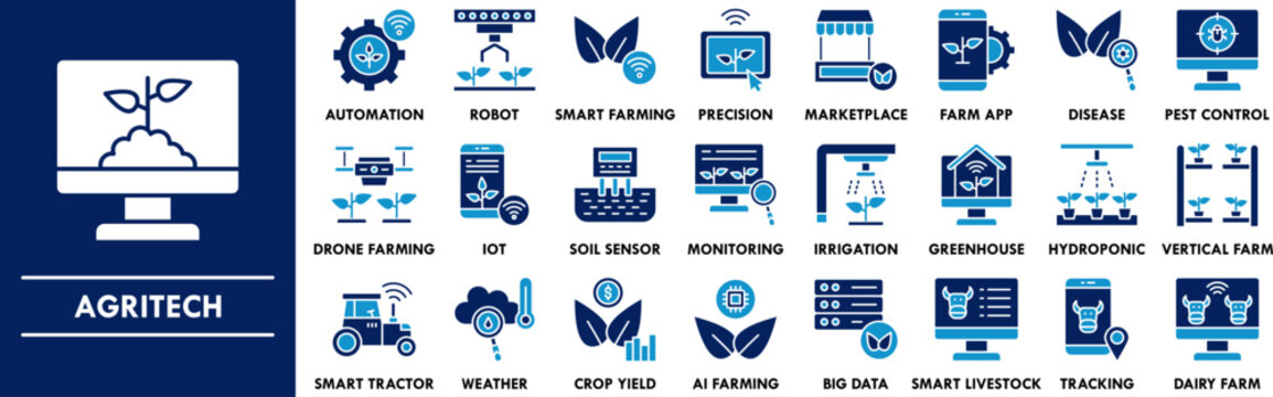 Agritech duotone icon collection set. Containing design agricultural technology, smart farming, digital agriculture, precision farming