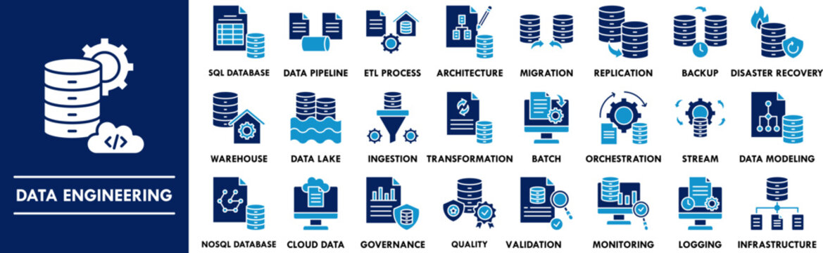Data Engineering duotone icon collection set. Containing design data pipeline, big data, data processing, data architecture