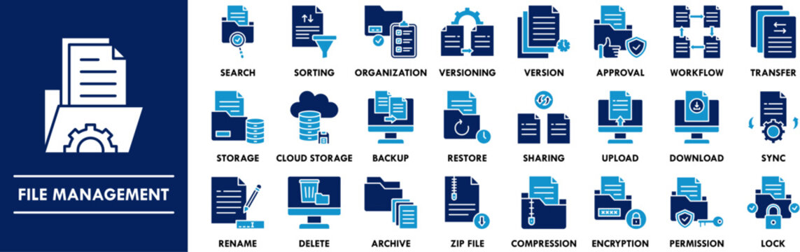 File Management duotone icon collection set. Containing design document management, file organizer, data organization, folder system