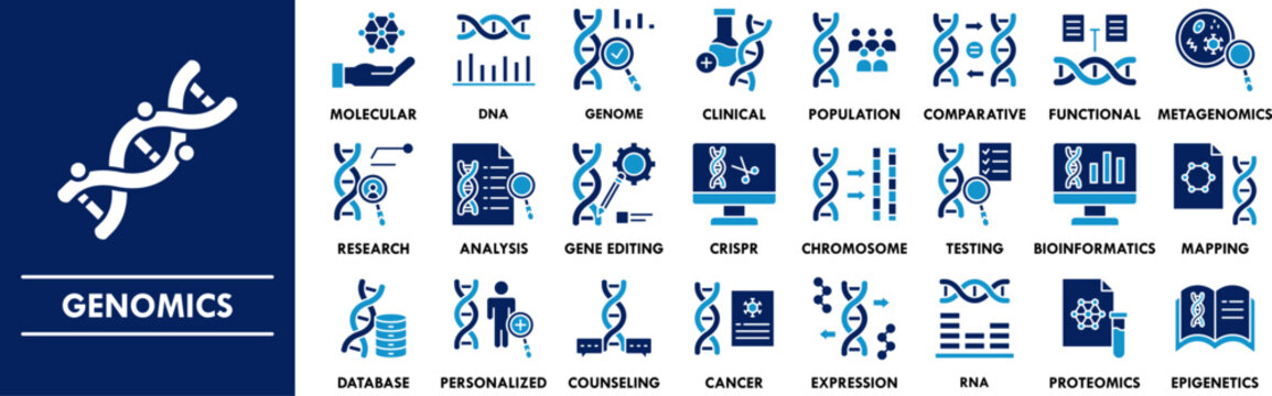 Genomics duotone icon collection set. Containing design genome, dna, rna, genetic, gene