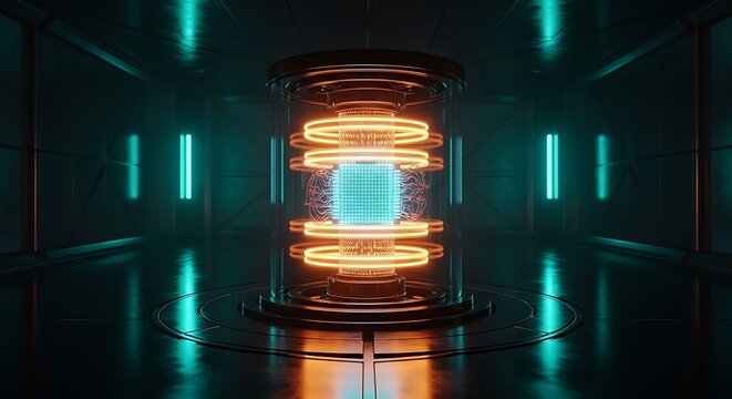 Quantum reactor core suspended within glowing stabilization rings in a dark futuristic laboratory. Perfect for high-tech server hardware and supercomputing technology advertising.